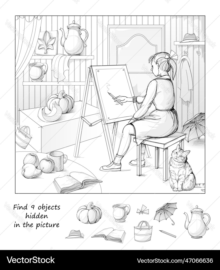 Find 9 objects hidden in the picture logic puzzle Find 9 objects hidden in the picture logic puzzle Vector Image