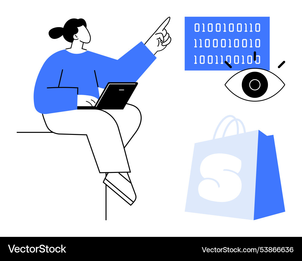 Woman with laptop pointing at binary code next Woman with laptop pointing at binary code next vector image