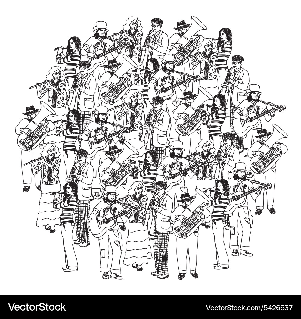 Große Gruppenmusiker Band Orchester monochrom Vektorbild