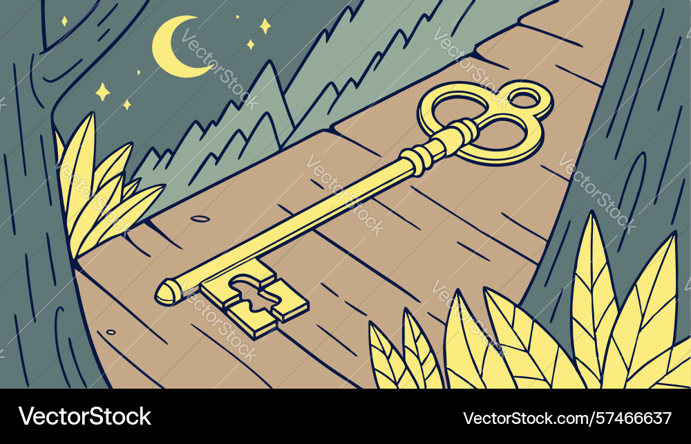 Ornate key on moonlit path in mysterious forest vector image