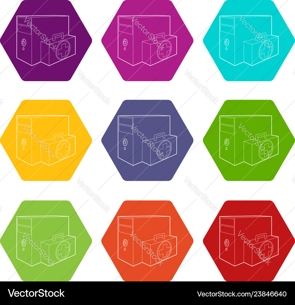 Computer system unit first aid icons set 9 Vector Image