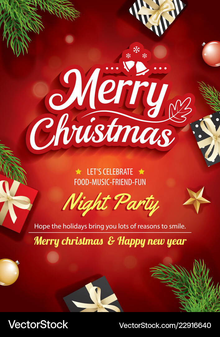 Merry christmas greeting card and party on red Merry christmas greeting card and party on red vector image