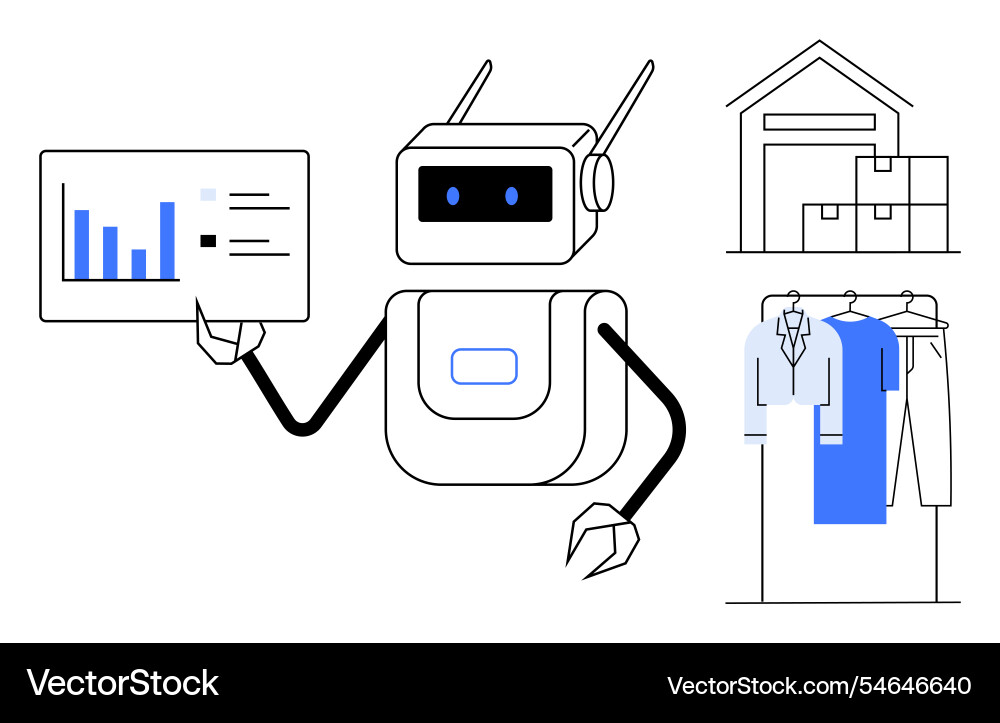 Robot analyzing inventory data in warehouse Robot analyzing inventory data in warehouse vector image