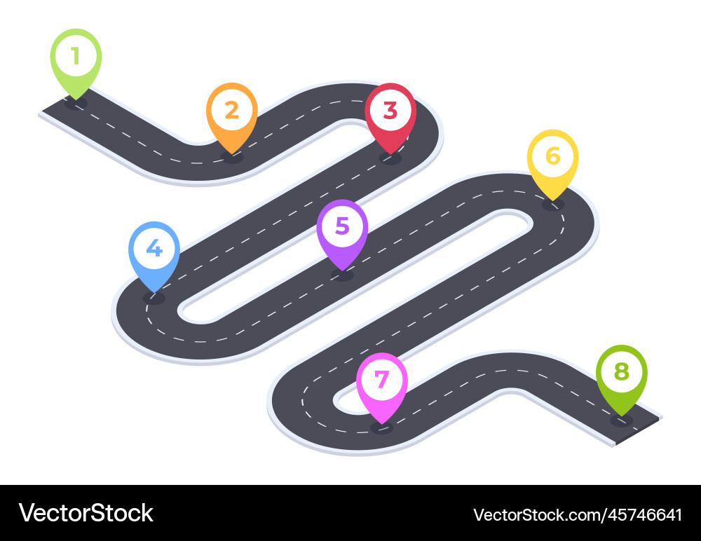 Isometric winding timeline road city map 8 steps Isometric winding timeline road city map 8 steps vector image