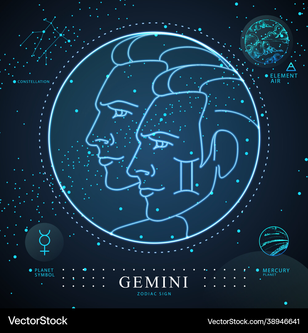 Magische Karte mit Astrologie Gemini Neon Tierkreiszeichen Magische Karte mit Astrologie Gemini Neon Tierkreiszeichen vektorbild