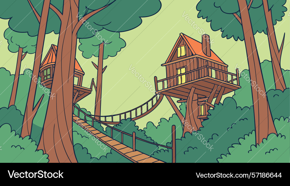 Adventurous treehouse with rope bridge in lush vector image