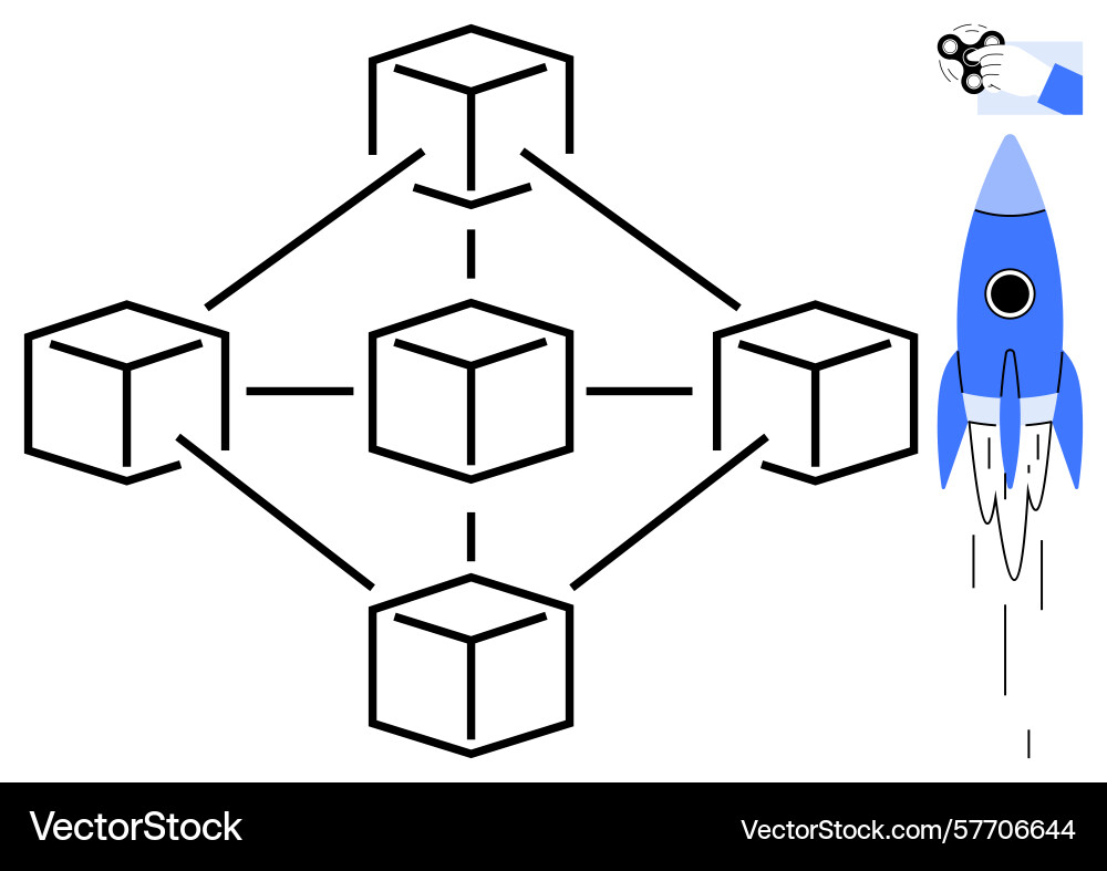 Blockchain network with rocket launch representing Blockchain network with rocket launch representing vector image