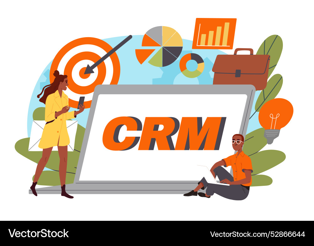 Crm on computer customer relationship management Crm on computer customer relationship management vector image