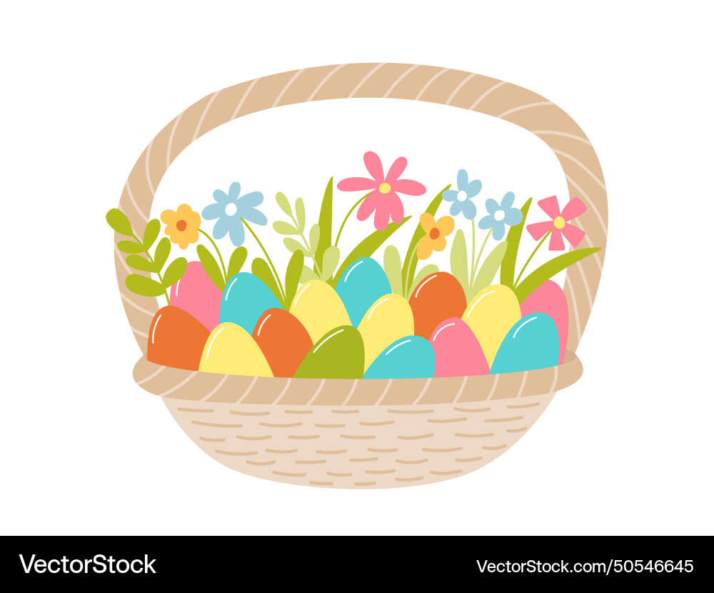 Flat easter basket with eggs and flowers Vector Image