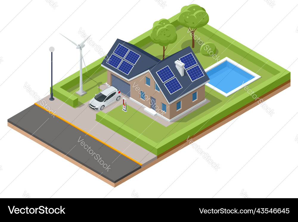 Isometric modern house with solar panels and wind Isometric modern house with solar panels and wind vector image