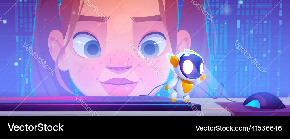 Girl face on computer desktop with digital data Girl face on computer desktop with digital data vector image