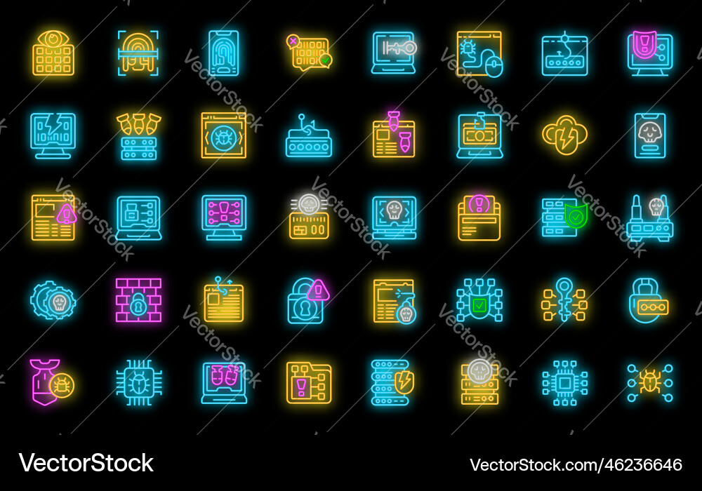 Hacker attack icons set neon vector image