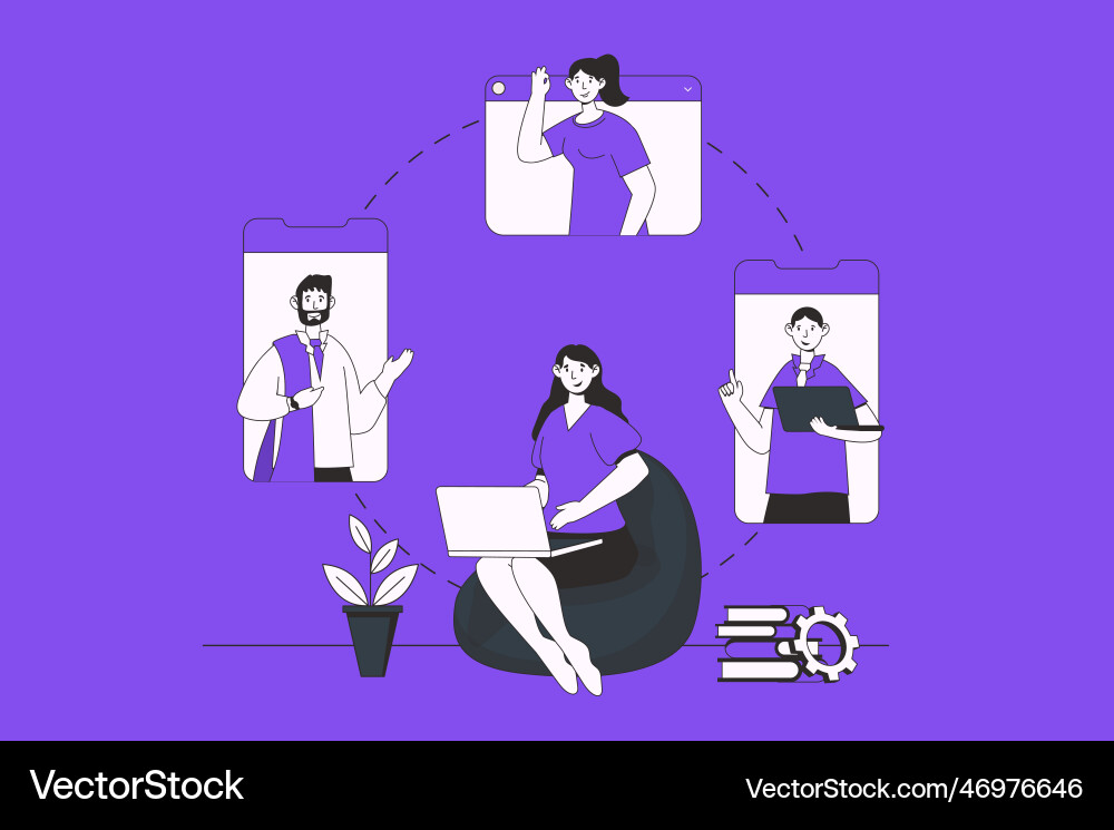 Remote team web concept with character scene Vector Image