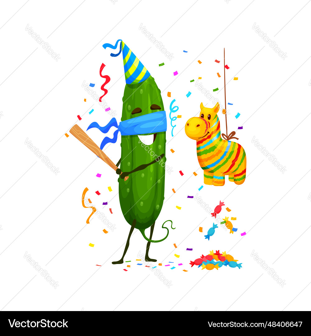 Cartoon cucumber vegetable character on birthday Cartoon cucumber vegetable character on birthday vector image