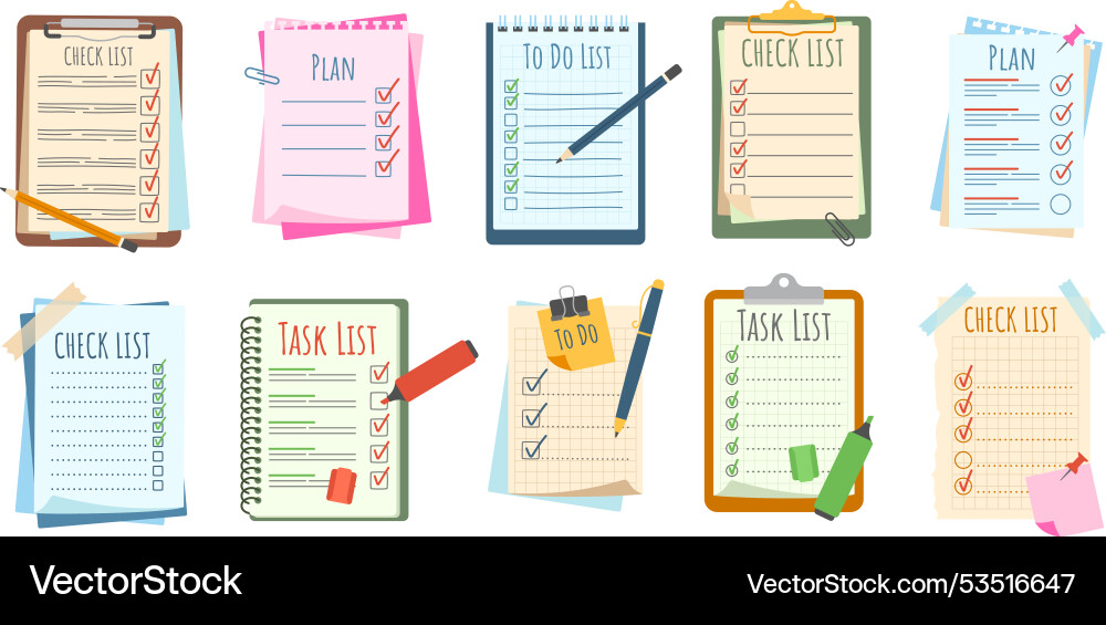 Paper checklists to do lists planning sheets Paper checklists to do lists planning sheets vector image