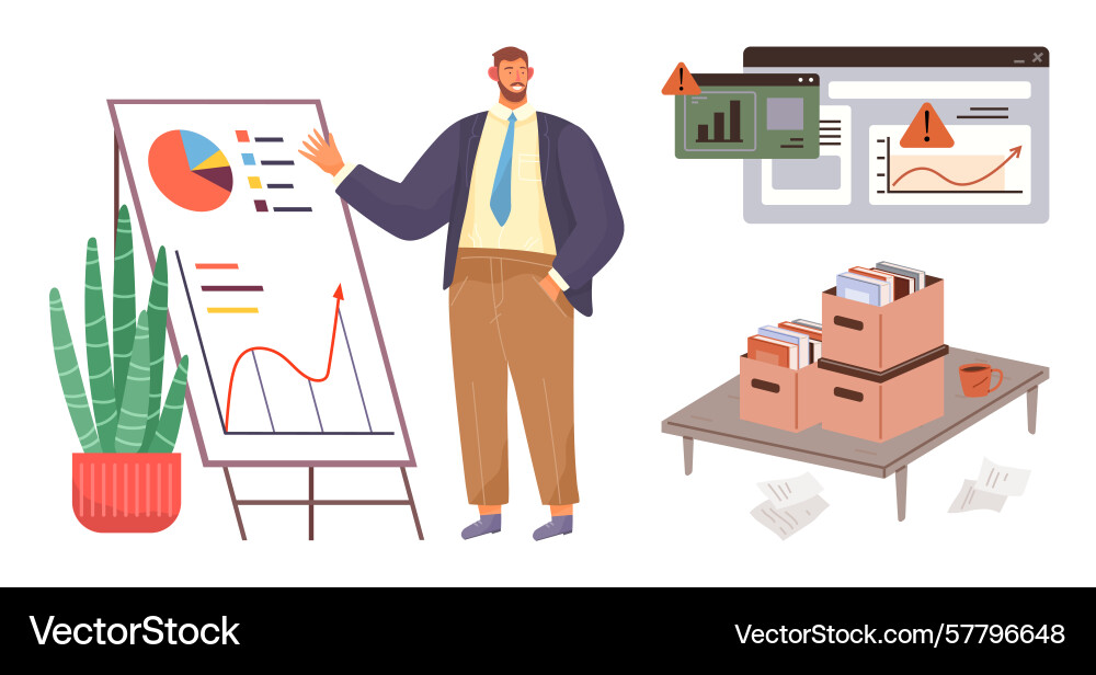 Man presenting chart data with alert graphics Man presenting chart data with alert graphics vector image