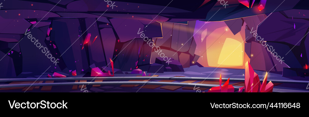 Mine tunnel with red crystals and rails Vector Image