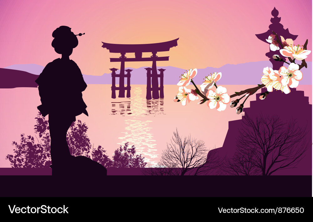Japanese Gate and Mountain Landscape Vector Image