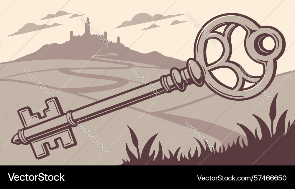 Mysterious key on path in gloomy bare tree forest vector image