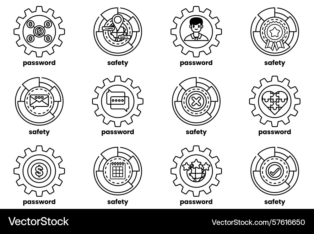 Set of gears and keys in line art style vector image
