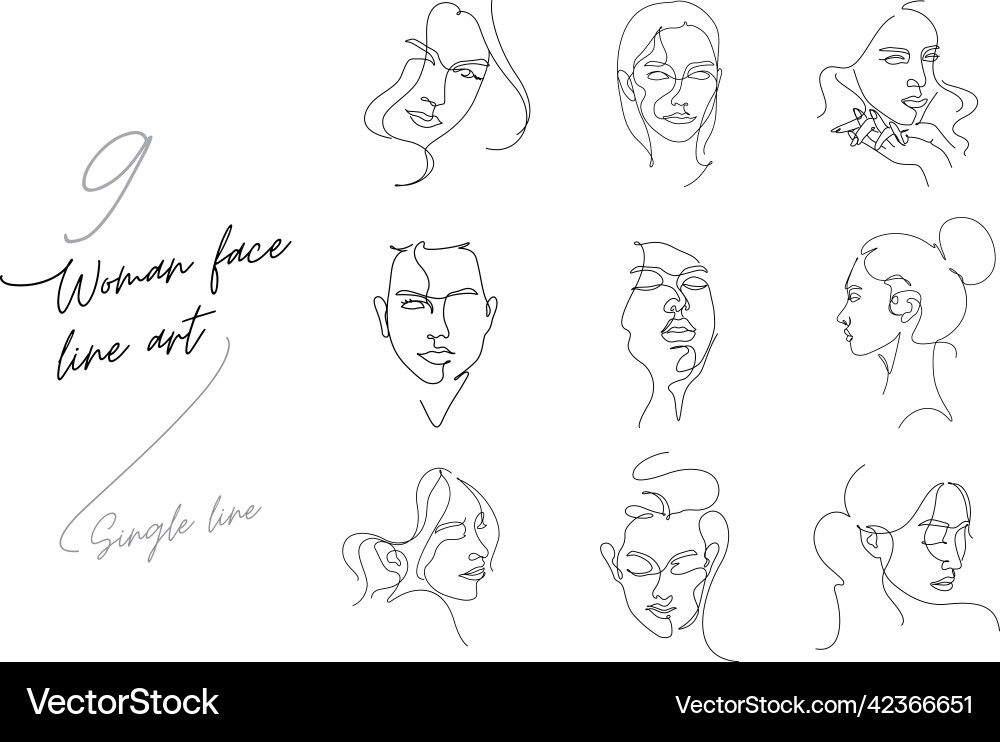 Woman face line art single set vector image