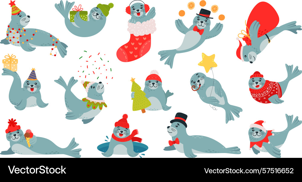 Christmas seals characters funny baby seal Christmas seals characters funny baby seal Vector Image