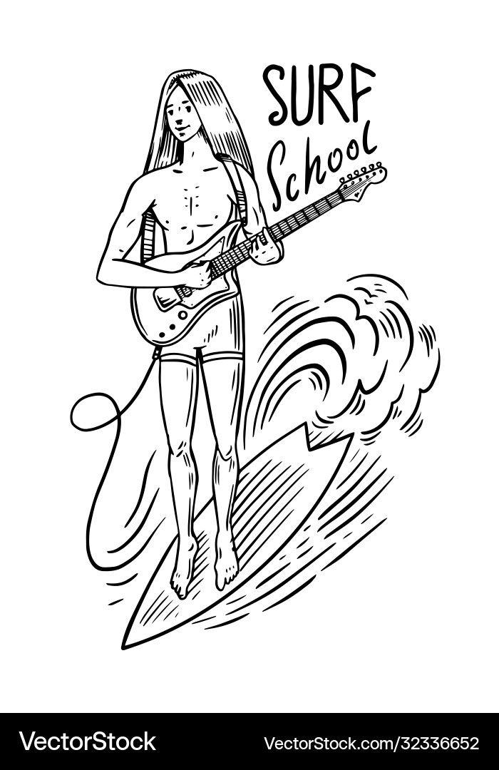 Guy mit Gitarre Surf Badge Vintage Surfer Logo Guy mit Gitarre Surf Badge Vintage Surfer Logo vektorbild
