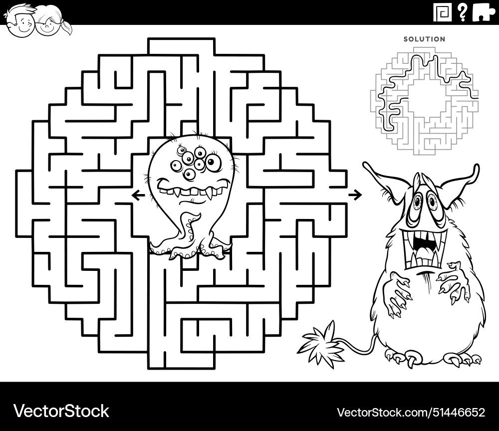 Maze game with cartoon monsters characters Maze game with cartoon monsters characters vector image