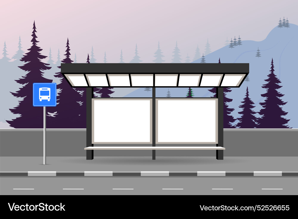 Empty bus stop in the evening against backdrop Vector Image