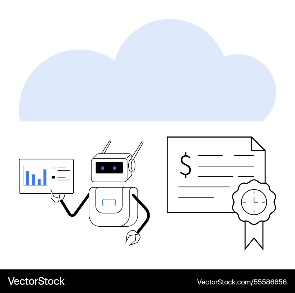 Robot analyzing data with cloud computing vector image