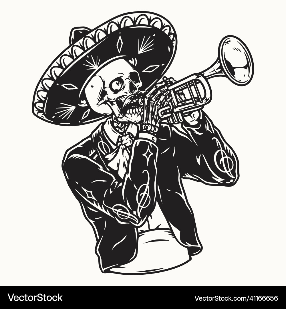 Skelettmusiker in sombrero spielen Trompete Skelettmusiker in sombrero spielen Trompete vektorbild