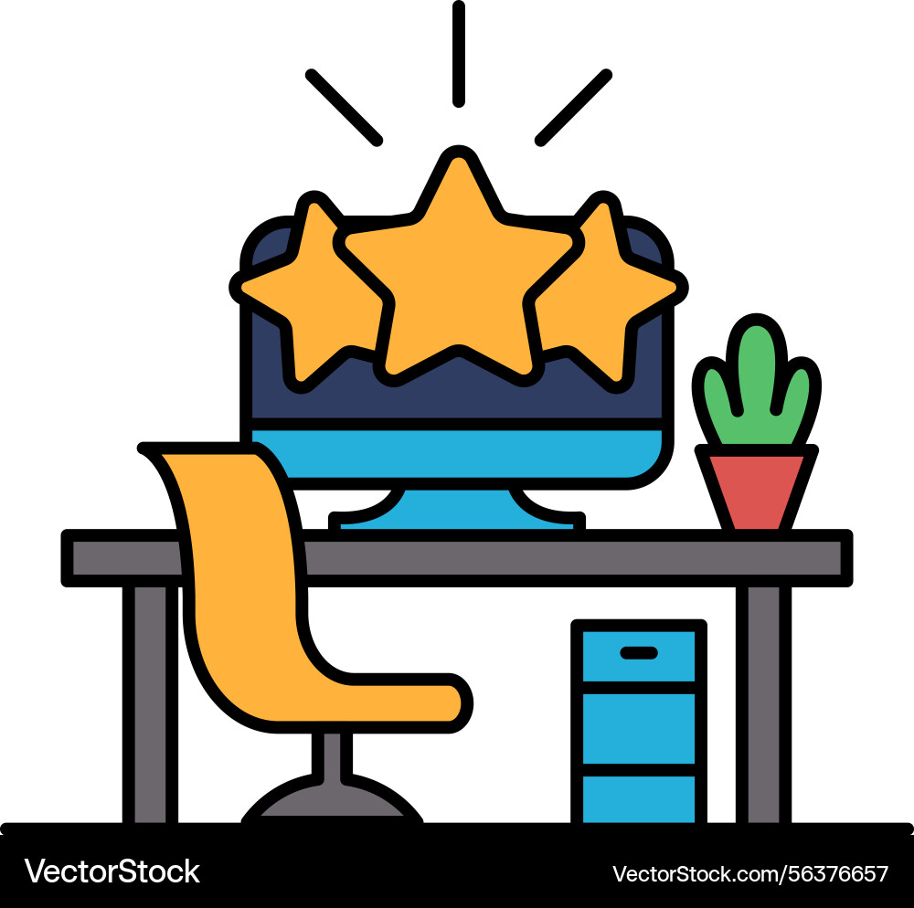 A computer monitor with three stars on it sits A computer monitor with three stars on it sits vector image
