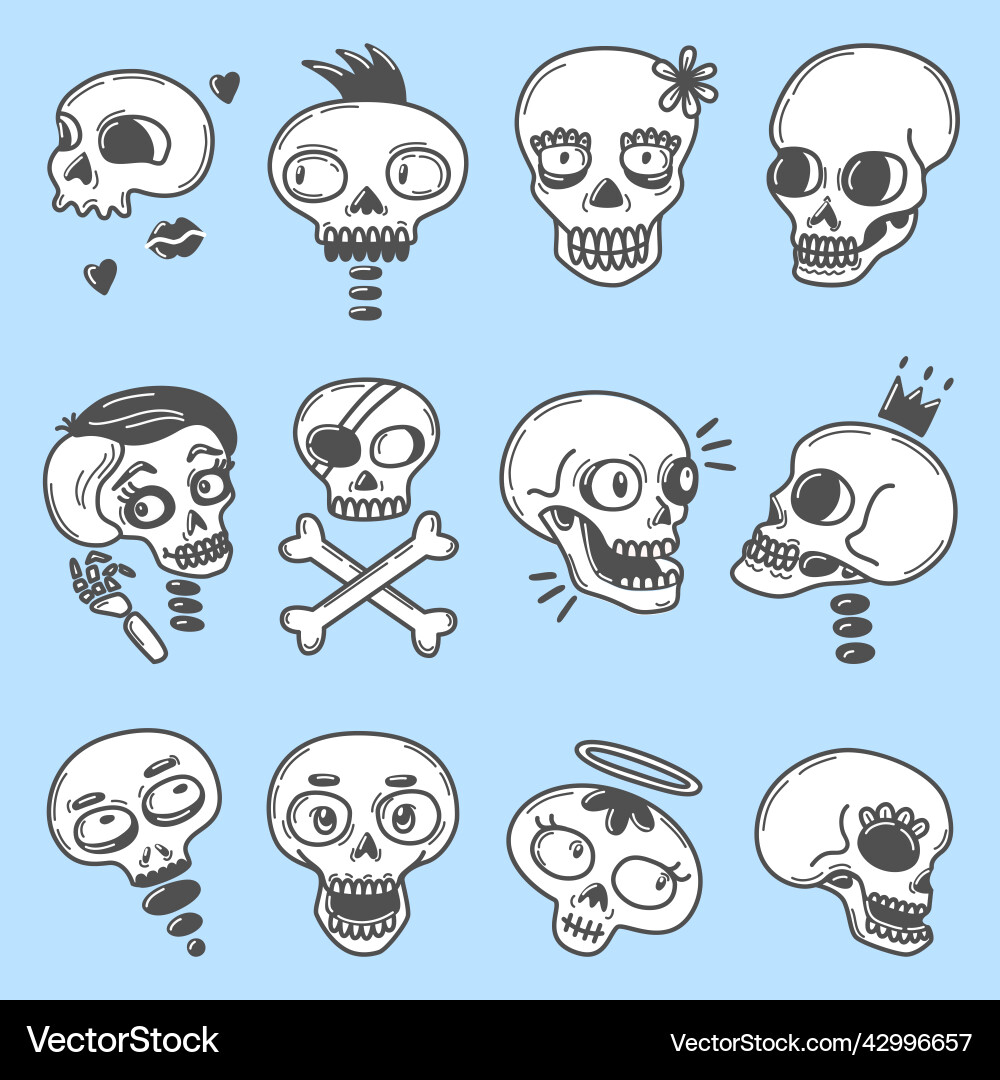 Cartoon skull set doodle skulls stickers happy Cartoon skull set doodle skulls stickers happy vector image