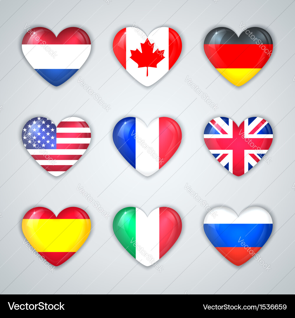 Glass heart flags of countries icon set Vector Image