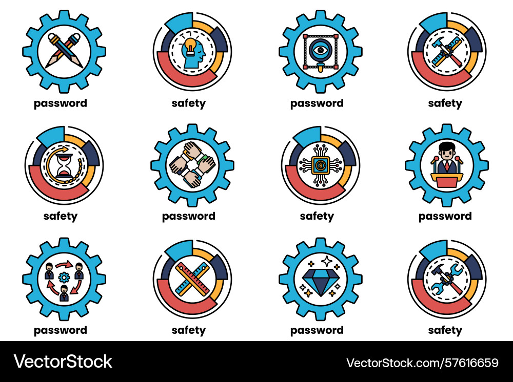 Set of gears and keys in line art style Set of gears and keys in line art style Vector Image