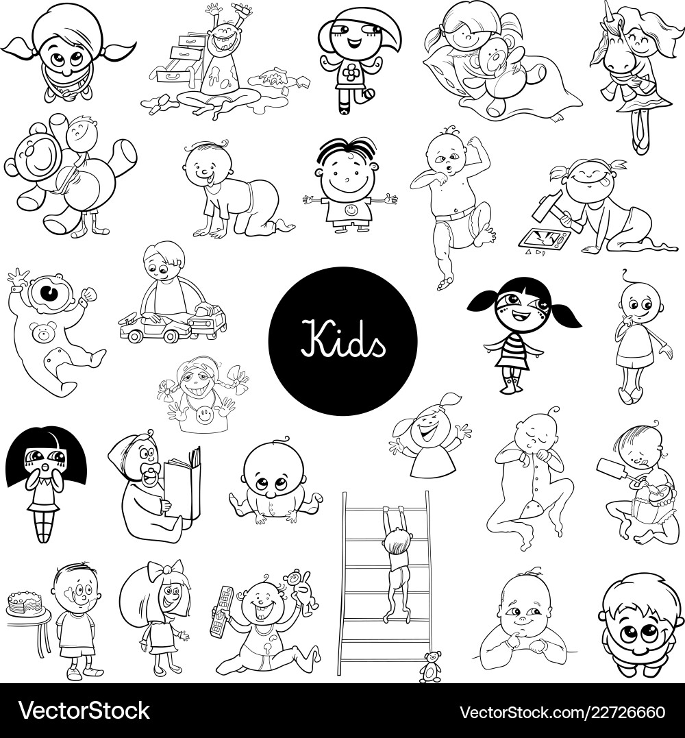Cartoon kids characters black and white set Cartoon kids characters black and white set vector image