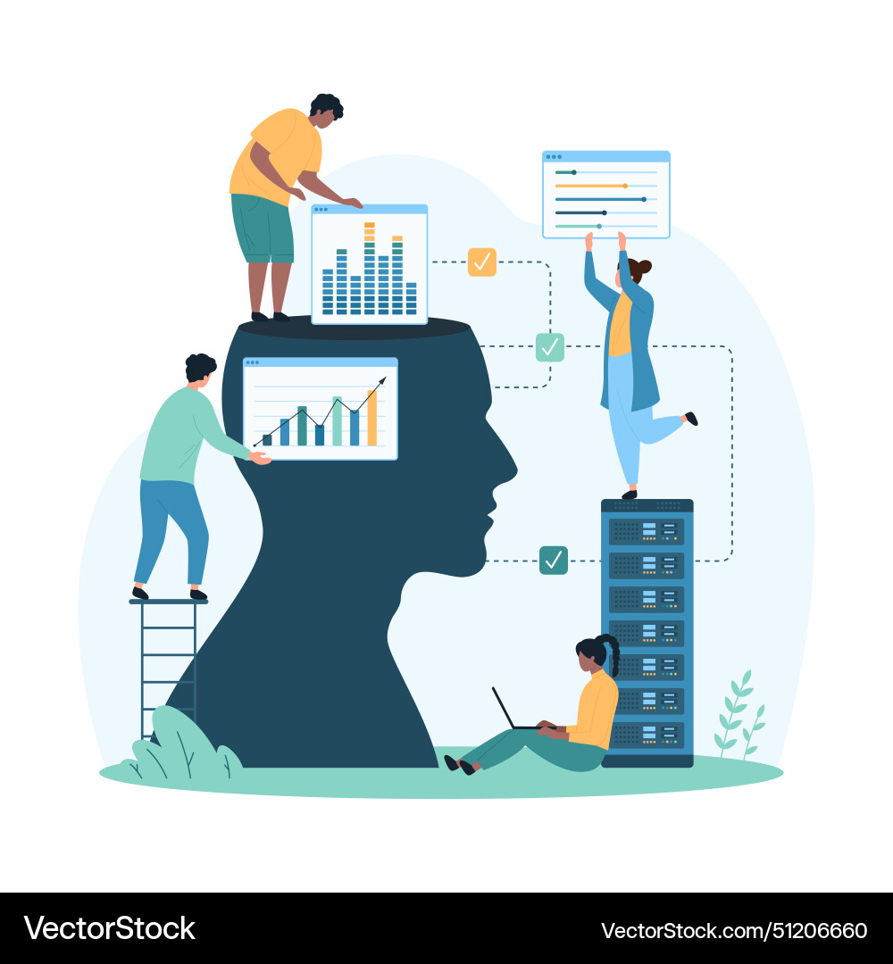 Digital data processing with ai tiny people work Digital data processing with ai tiny people work vector image