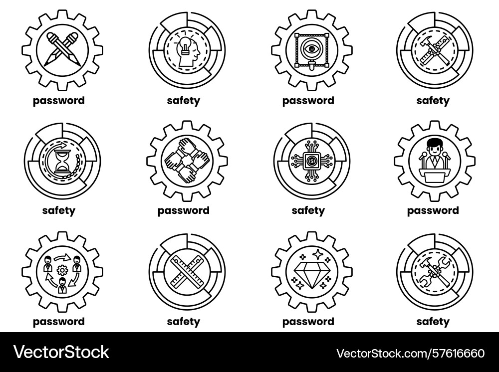 Set of gears and keys in line art style Set of gears and keys in line art style vector image