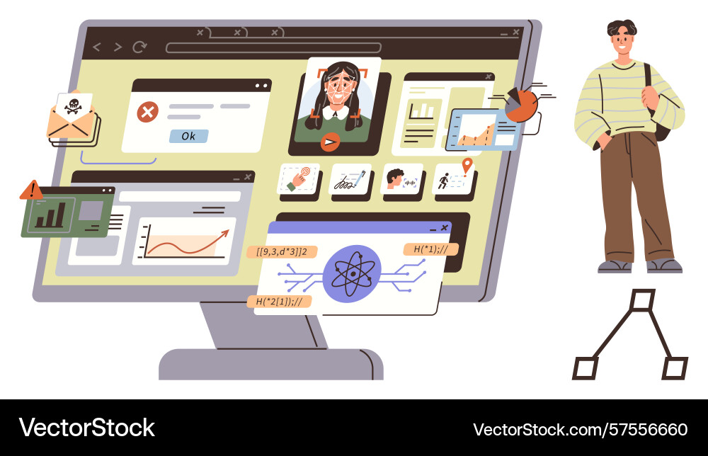 Virtual workspace with data notifications charts Virtual workspace with data notifications charts vector image