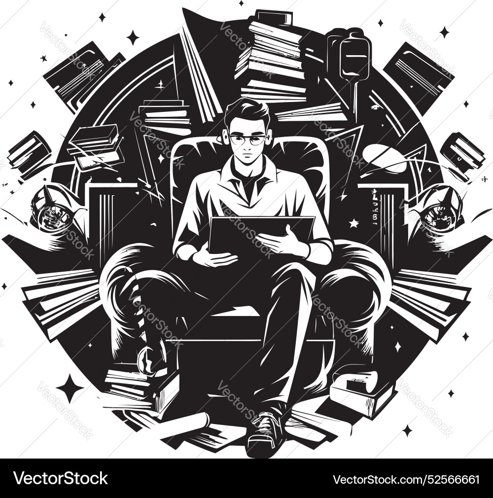 Literary Sanctuary Student Amid Books Emblem Vector Image