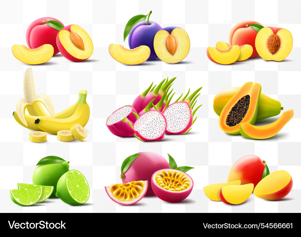 Set of exotic fruits banana mango peach passion Vector Image