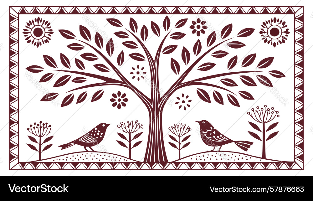 Folk art tree with birds scene design generative Vector Image