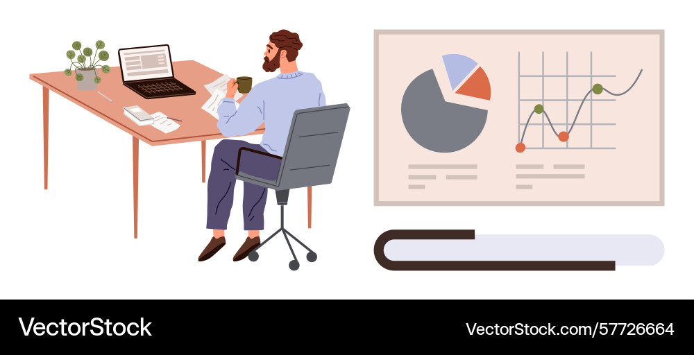 Man reviewing data with a laptop and graphs vector image