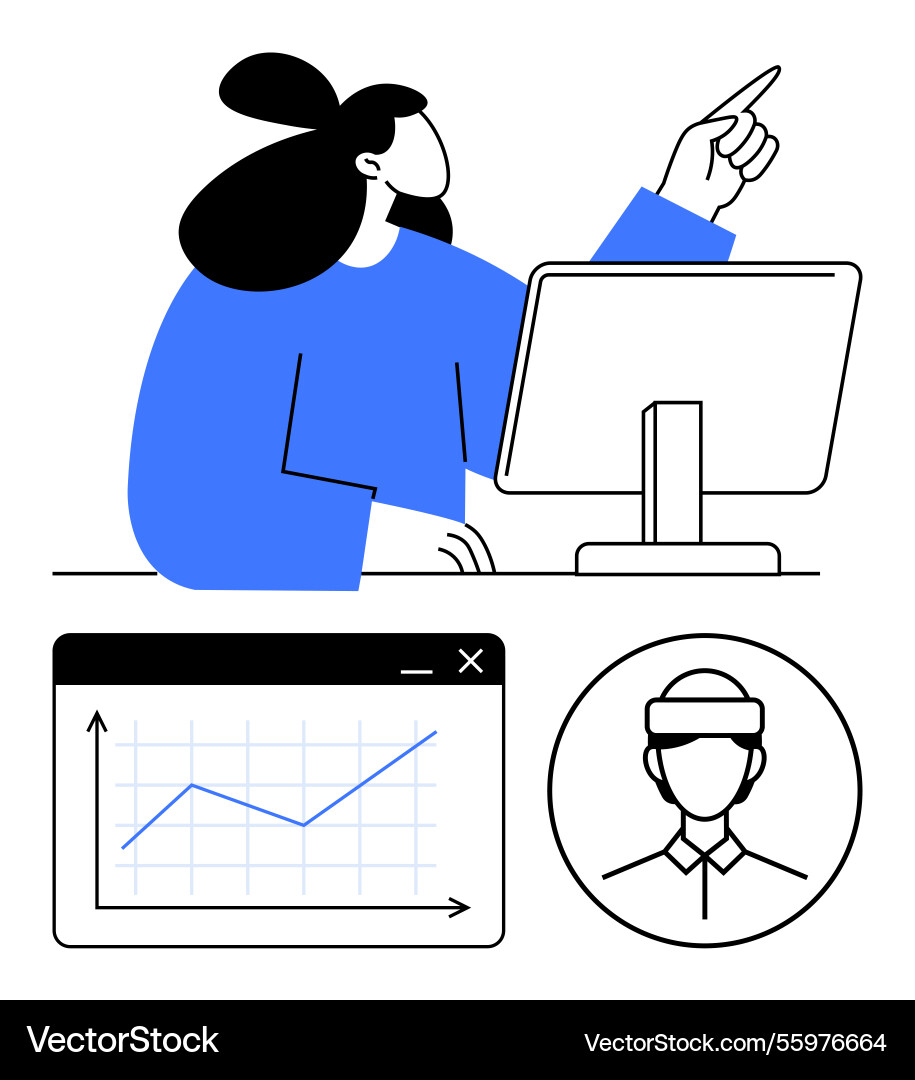 Woman analyzing data on computer screen with chart vector image