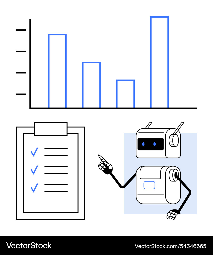 Robot presenting bar chart analysis and checklist Robot presenting bar chart analysis and checklist vector image