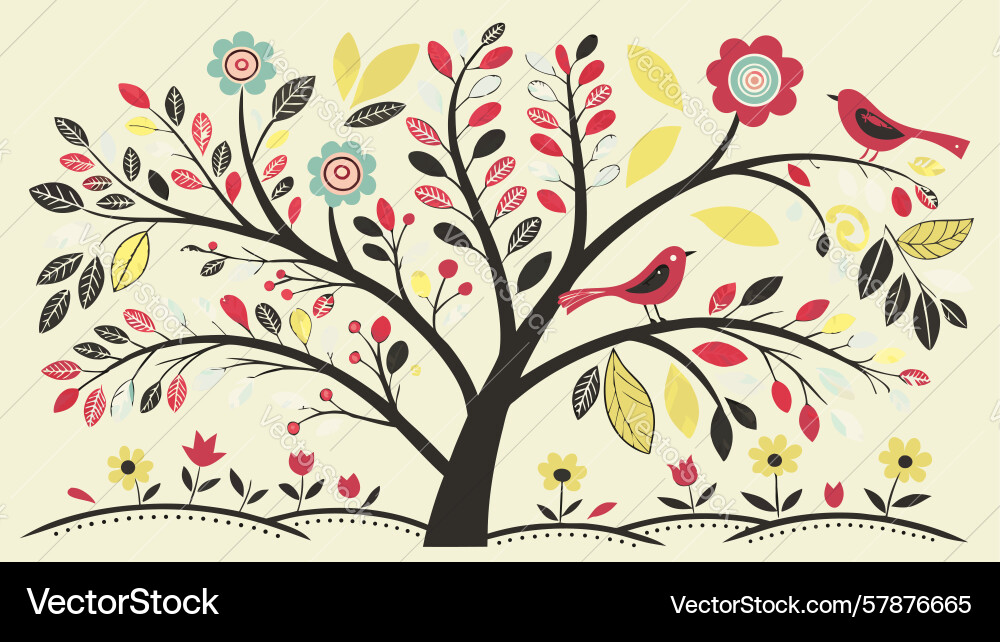Spring tree with colorful birds design Vector Image
