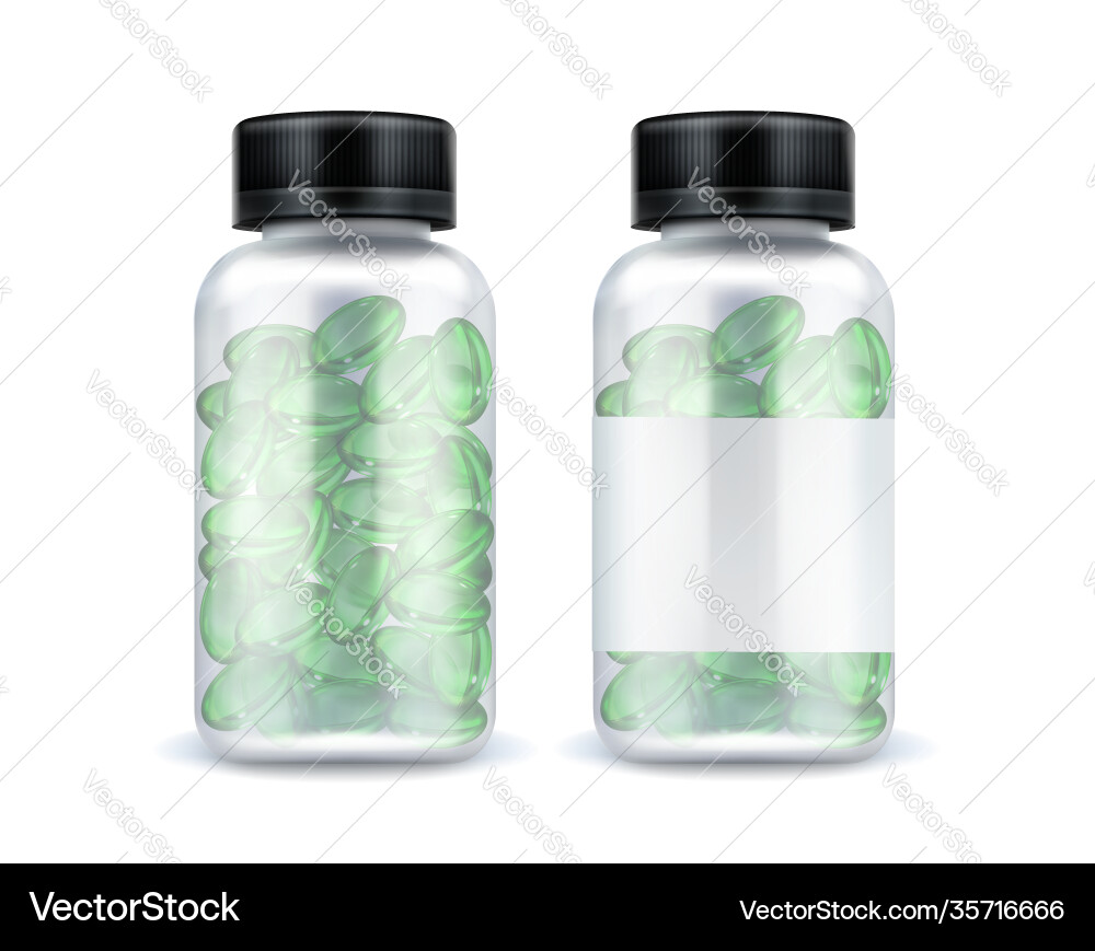 Pills bottle mockup green medicine oval capsules Pills bottle mockup green medicine oval capsules vector image