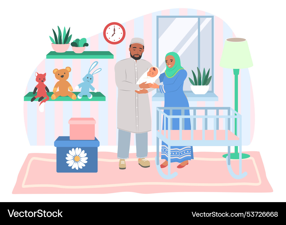 Arabische junge Eltern mit neugeborenem Kind Arabische junge Eltern mit neugeborenem Kind vektorbild