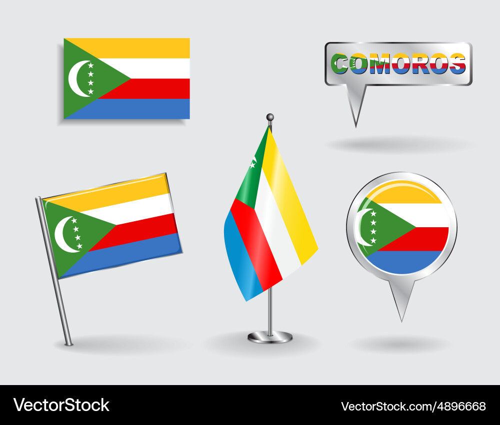 Set of comoros pin icon and map pointer flags vector image