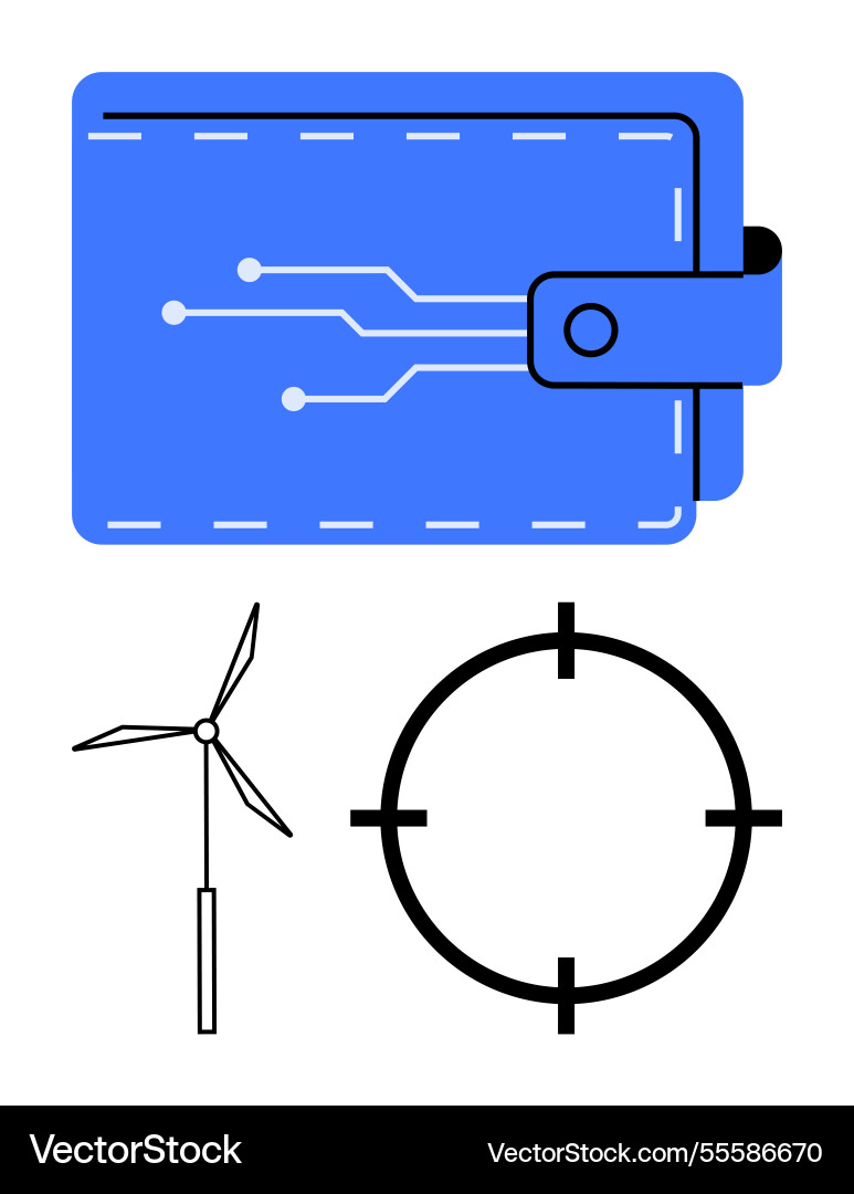 Digital circuit wallet wind turbine and target Digital circuit wallet wind turbine and target Vector Image